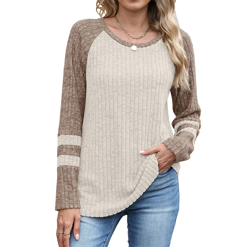 🔥👚Bestseller | Color-Block-Stil, vielseitig für jeden Tag – Langarm-Rippstrickoberteil für Damen im Color-Block-Design
