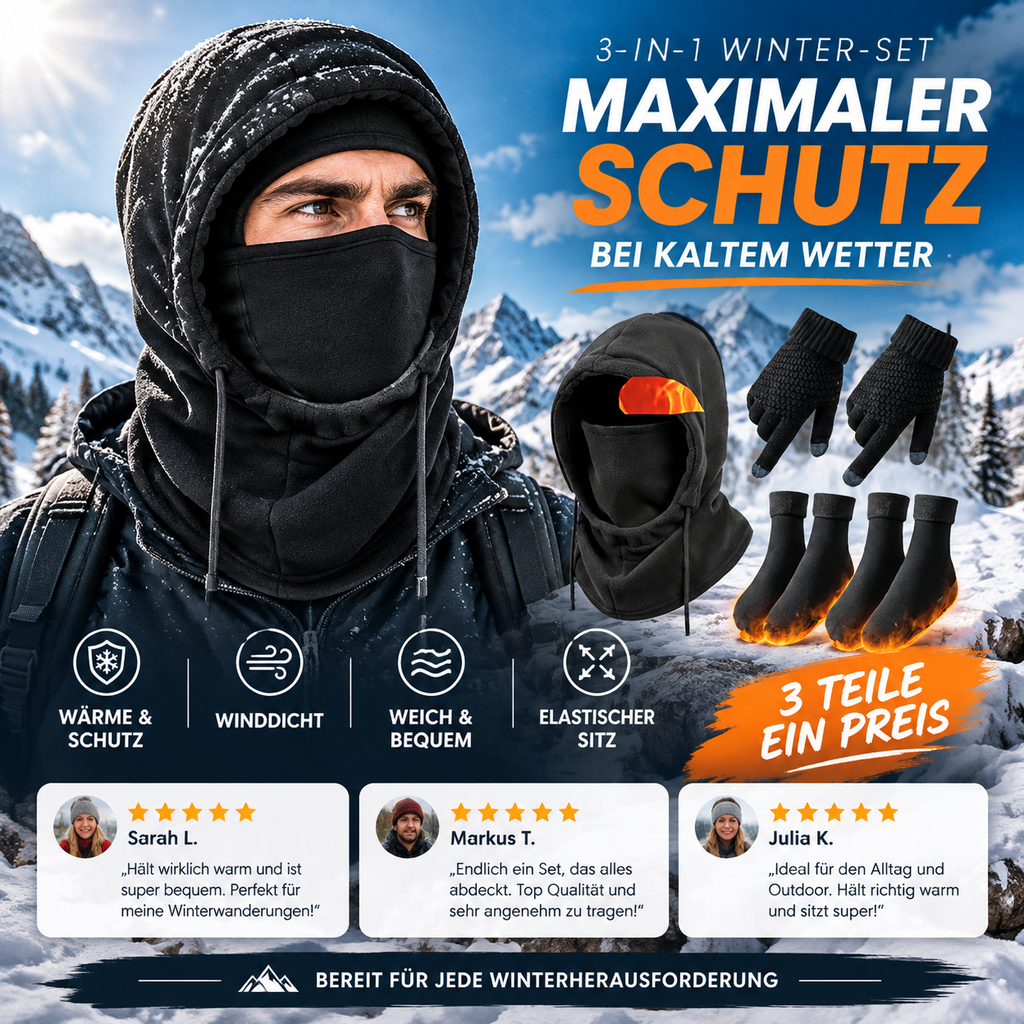 ❄️ 50 % Rabatt | Wärme von Kopf bis Fuß – Winter-Wärmeset (Gesichtsmaske + Handschuhe + Socken) ✨