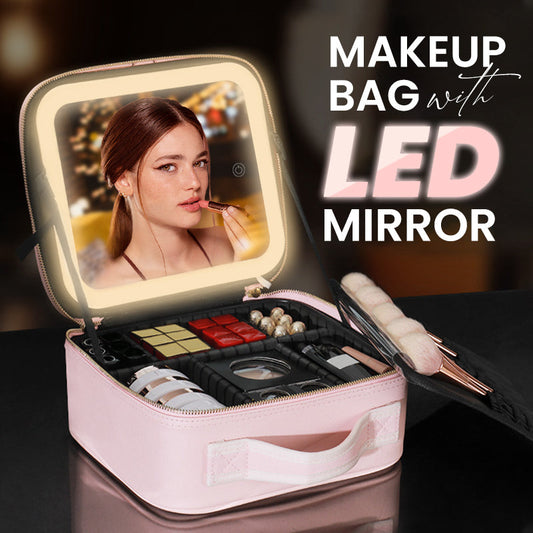 💄 Преносима чантичка за грим с LED огледало | Козметичен несесер за пътуване с вградено осветление – 3 цветови температури, голям капацитет, презареждане чрез USB ✨👜