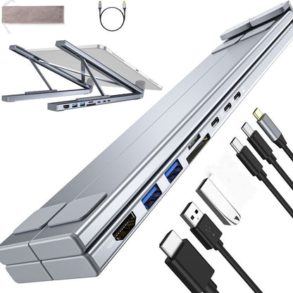 🖥️🔌 Стойка за лаптоп с докинг станция – 4K HDMI изход | Ергономична регулировка на височината, 100 W Power Delivery, четец за SD/TF карти – идеална за MacBook и Windows 📂