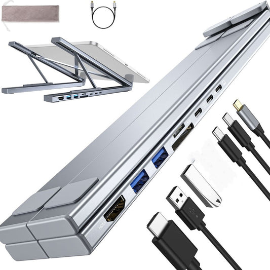 🖥️🔌 Стойка за лаптоп с докинг станция – 4K HDMI изход | Ергономична регулировка на височината, 100 W Power Delivery, четец за SD/TF карти – идеална за MacBook и Windows 📂