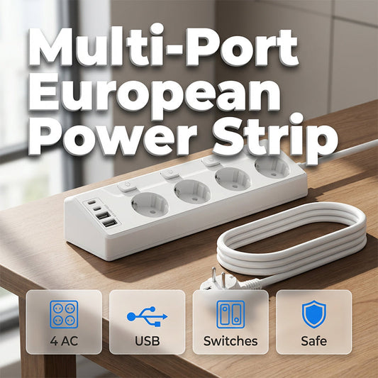 🔌 Удължител с 4 контакта, индивидуални прекъсвачи и USB портове | 2 USB-A + 2 USB-C, 8-в-1 зарядна станция – защита от пренапрежение, подходящ за монтаж на стена за домашния офис 🏠✨