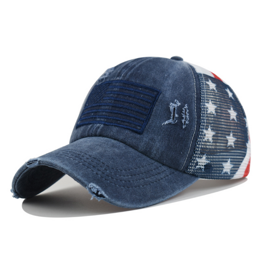 🧢 Бейзболна шапка с ефект на износеност и мрежест американски флаг | Винтидж стил, регулируема snapback – С наложен платеж ✨