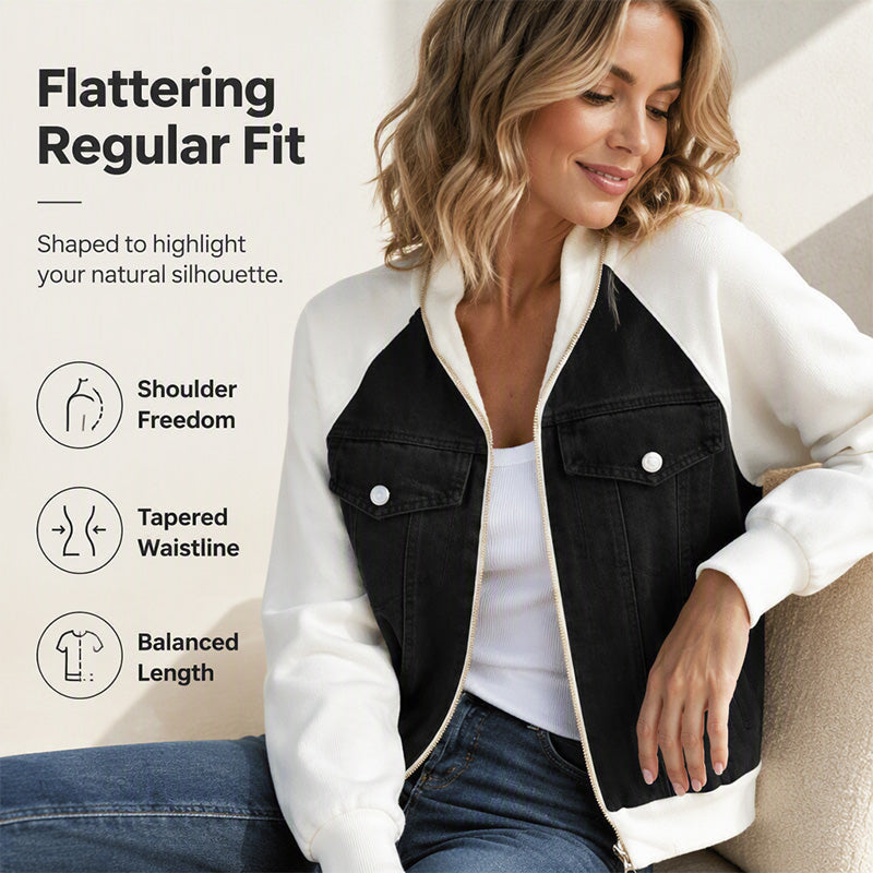 ⭐🧥Beliebt | Schmeichelnde Passform, vielseitig für jeden Tag – Damen Denim Patchwork Jacke