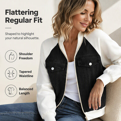 ⭐🧥Beliebt | Schmeichelnde Passform, vielseitig für jeden Tag – Damen Denim Patchwork Jacke