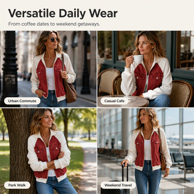 ⭐🧥Beliebt | Schmeichelnde Passform, vielseitig für jeden Tag – Damen Denim Patchwork Jacke