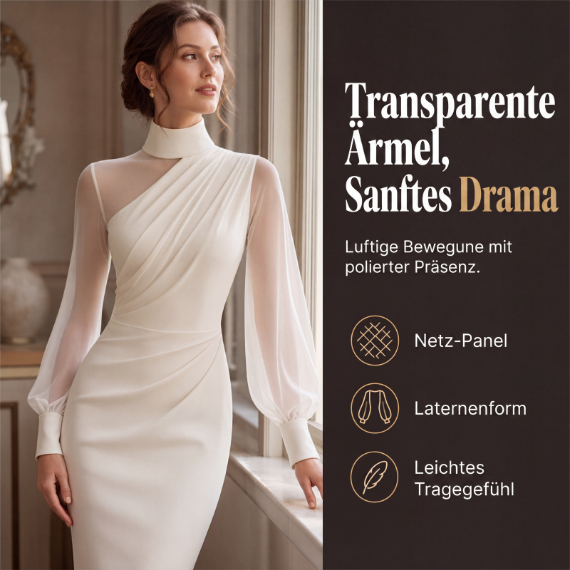 👗Transparente Mesh-Ärmel, markantes Design – Damen Bodycon-Midikleid mit Stehkragen ✨