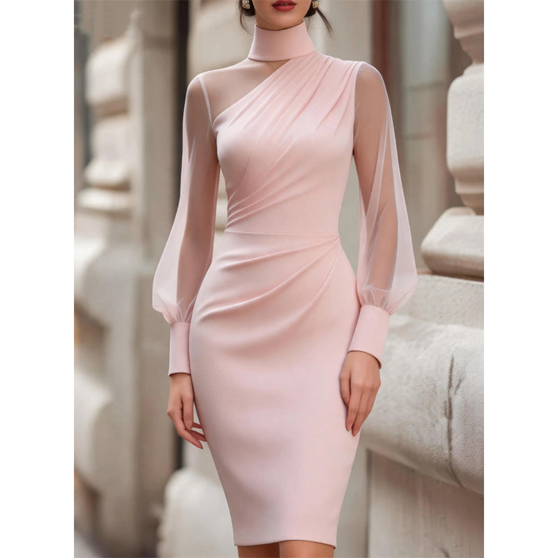 👗Transparente Mesh-Ärmel, markantes Design – Damen Bodycon-Midikleid mit Stehkragen ✨
