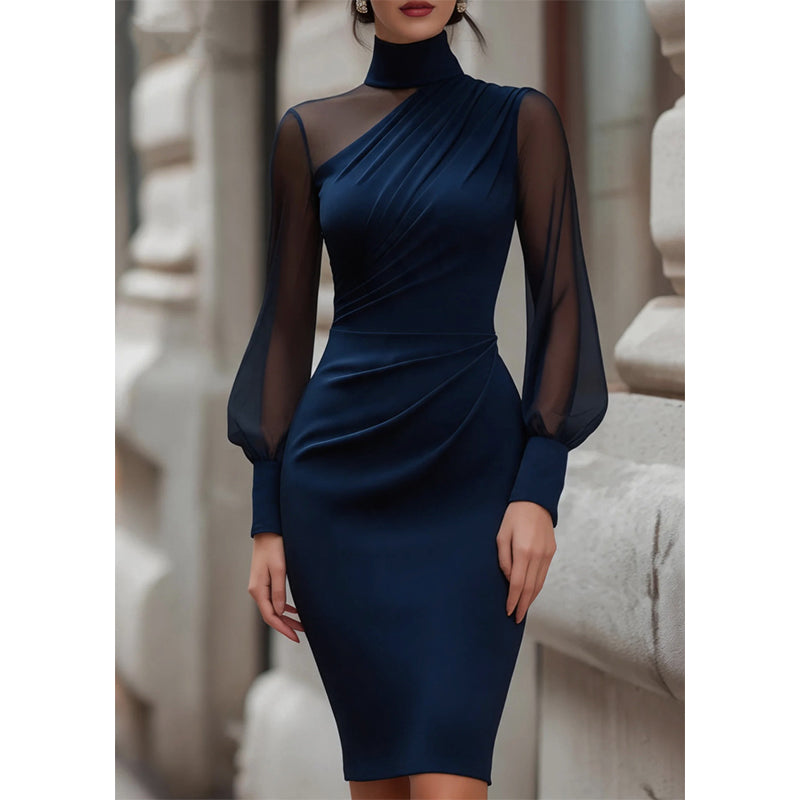 👗Transparente Mesh-Ärmel, markantes Design – Damen Bodycon-Midikleid mit Stehkragen ✨