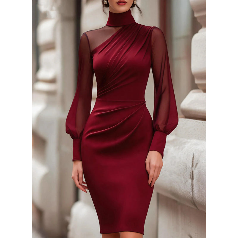 👗Transparente Mesh-Ärmel, markantes Design – Damen Bodycon-Midikleid mit Stehkragen ✨