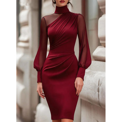 👗Transparente Mesh-Ärmel, markantes Design – Damen Bodycon-Midikleid mit Stehkragen ✨