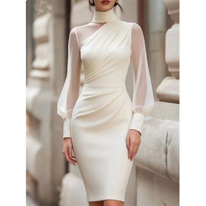 👗Transparente Mesh-Ärmel, markantes Design – Damen Bodycon-Midikleid mit Stehkragen ✨