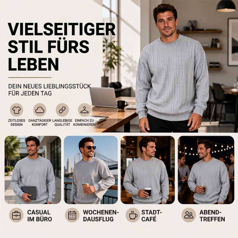 🧣Strickwärme, ideal für Herbst & Winter – Herren Kabelstrick Rundhalspullover ✨