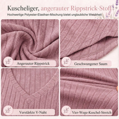 📢🎉🛍️✨Damen Übergrößen V-Ausschnitt Langarm Geripptes Gebürstetes T-Shirt Locker Sitzendes Einfarbiges Pullover-Oberteil