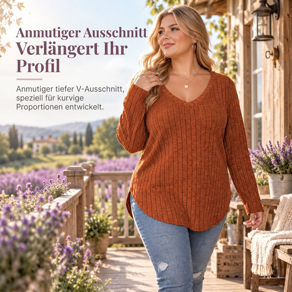 📢🎉🛍️✨Damen Übergrößen V-Ausschnitt Langarm Geripptes Gebürstetes T-Shirt Locker Sitzendes Einfarbiges Pullover-Oberteil