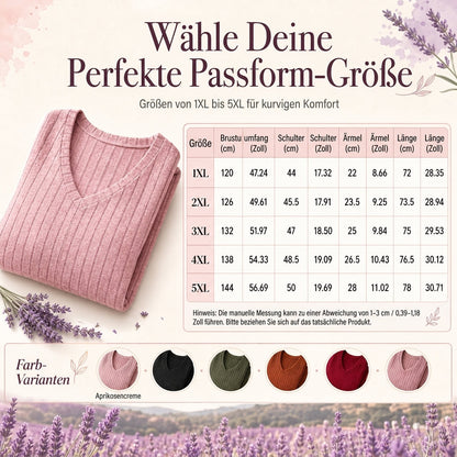 📢🎉🛍️✨Damen Übergrößen V-Ausschnitt Langarm Geripptes Gebürstetes T-Shirt Locker Sitzendes Einfarbiges Pullover-Oberteil