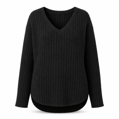📢🎉🛍️✨Damen Übergrößen V-Ausschnitt Langarm Geripptes Gebürstetes T-Shirt Locker Sitzendes Einfarbiges Pullover-Oberteil