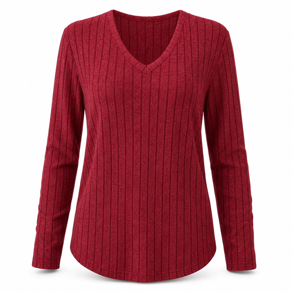 📢🎉🛍️✨Damen Übergrößen V-Ausschnitt Langarm Geripptes Gebürstetes T-Shirt Locker Sitzendes Einfarbiges Pullover-Oberteil