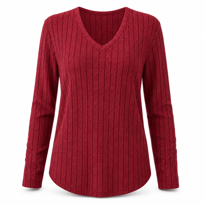 📢🎉🛍️✨Damen Übergrößen V-Ausschnitt Langarm Geripptes Gebürstetes T-Shirt Locker Sitzendes Einfarbiges Pullover-Oberteil