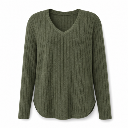 📢🎉🛍️✨Damen Übergrößen V-Ausschnitt Langarm Geripptes Gebürstetes T-Shirt Locker Sitzendes Einfarbiges Pullover-Oberteil