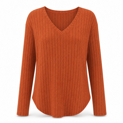 📢🎉🛍️✨Damen Übergrößen V-Ausschnitt Langarm Geripptes Gebürstetes T-Shirt Locker Sitzendes Einfarbiges Pullover-Oberteil