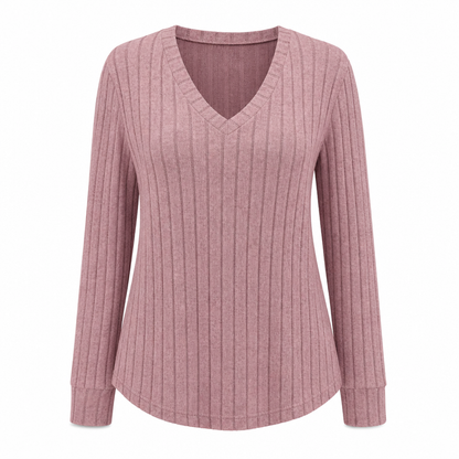 📢🎉🛍️✨Damen Übergrößen V-Ausschnitt Langarm Geripptes Gebürstetes T-Shirt Locker Sitzendes Einfarbiges Pullover-Oberteil