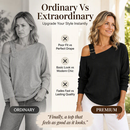 👗Schmeichelnde Passform, elegante Ausgewogenheit – Asymmetrisches, schulterfreies Langarm-Oberteil für Damen ✨
