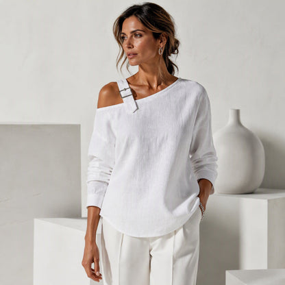 👗Schmeichelnde Passform, elegante Ausgewogenheit – Asymmetrisches, schulterfreies Langarm-Oberteil für Damen ✨