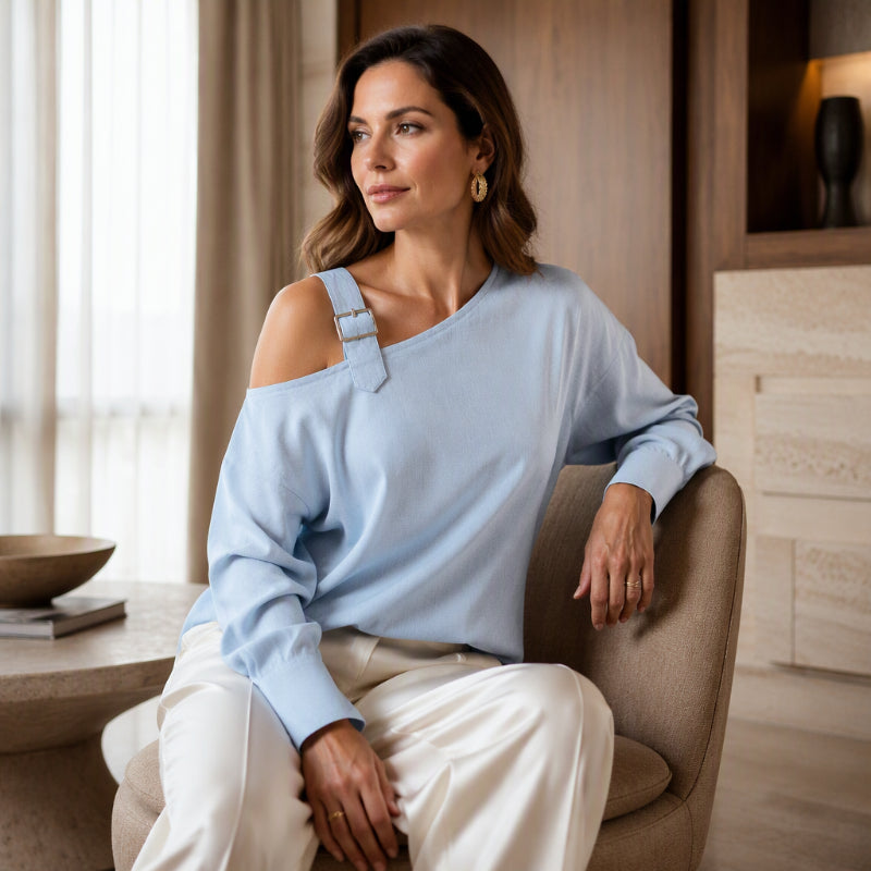 👗Schmeichelnde Passform, elegante Ausgewogenheit – Asymmetrisches, schulterfreies Langarm-Oberteil für Damen ✨