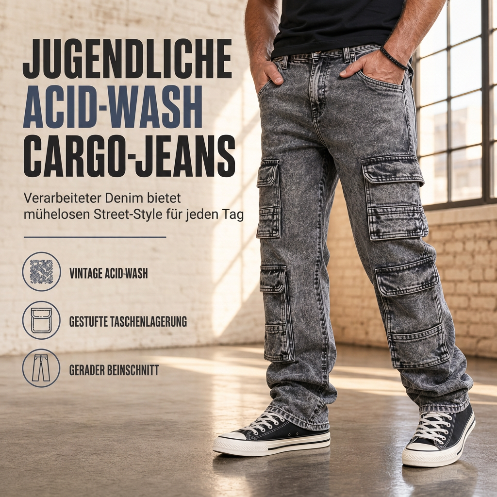 ✨Acid Wash Vintage, Y2K Street – Herren Acid Wash Cargo-Jeans ✨