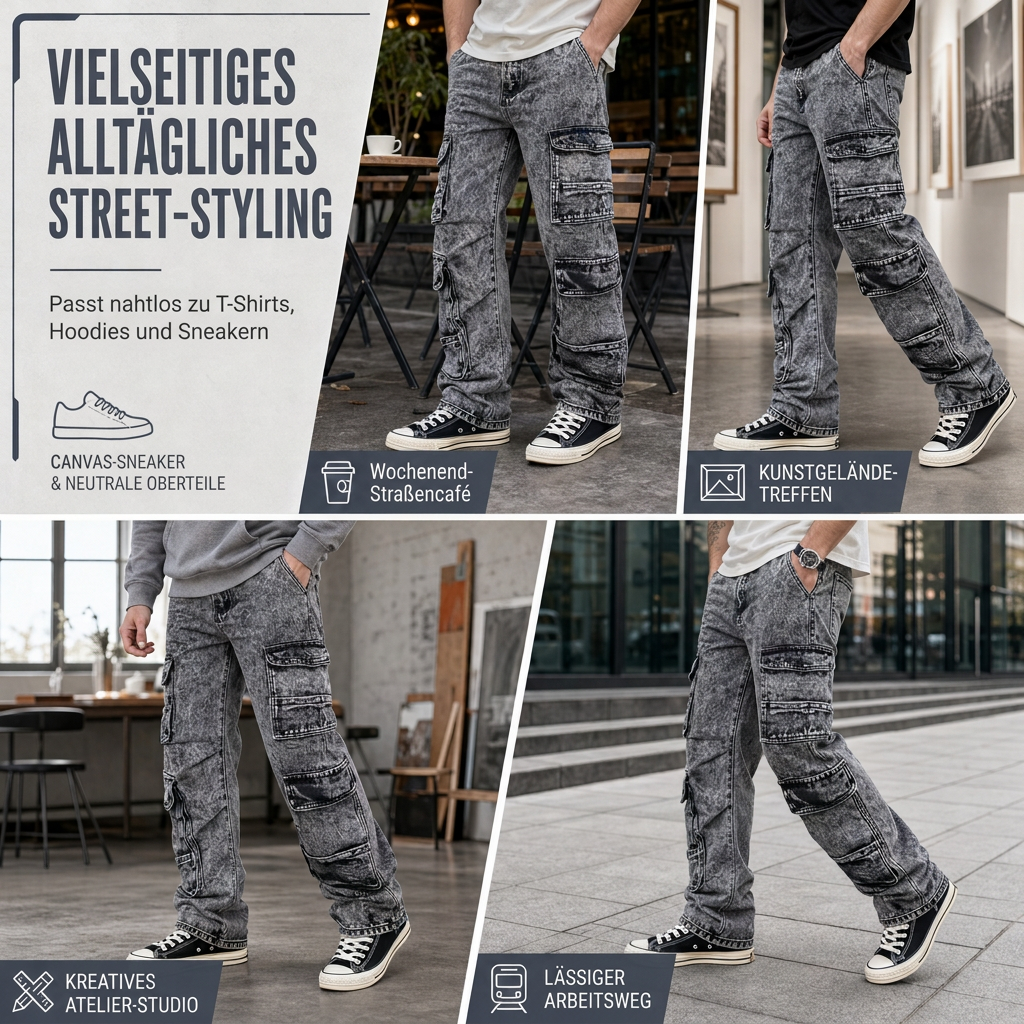 ✨Acid Wash Vintage, Y2K Street – Herren Acid Wash Cargo-Jeans ✨
