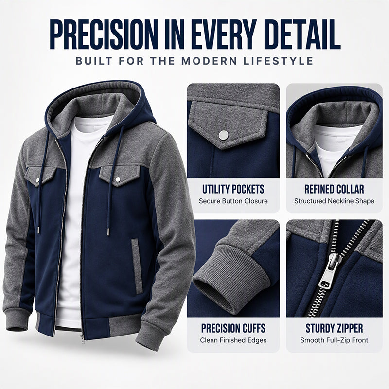 🧥Lässig & vielseitig, ideal für den Alltag – Herren Kapuzenjacke mit Farbblock-Muster und Reißverschluss ✨