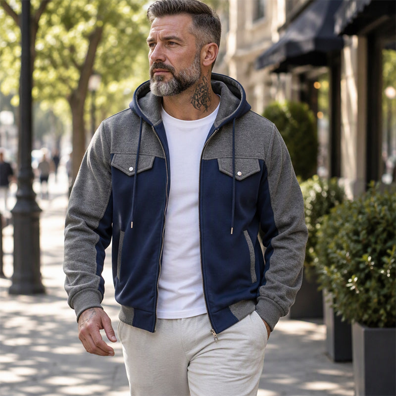 🧥Lässig & vielseitig, ideal für den Alltag – Herren Kapuzenjacke mit Farbblock-Muster und Reißverschluss ✨