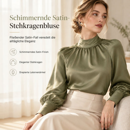 🛍️✨Glänzender Satin, elegante Eleganz – Damen Satin-Bluse mit hohem Kragen und Schleife ✨