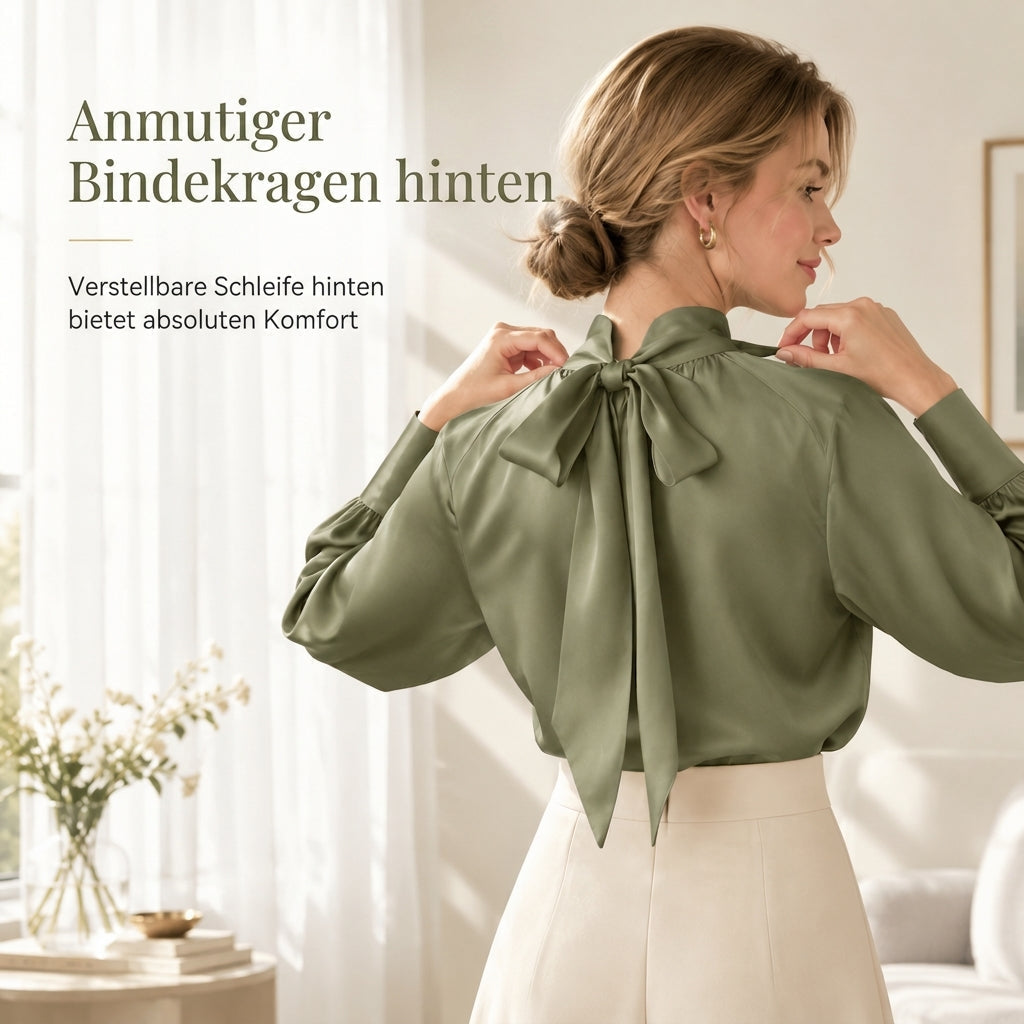 🛍️✨Glänzender Satin, elegante Eleganz – Damen Satin-Bluse mit hohem Kragen und Schleife ✨