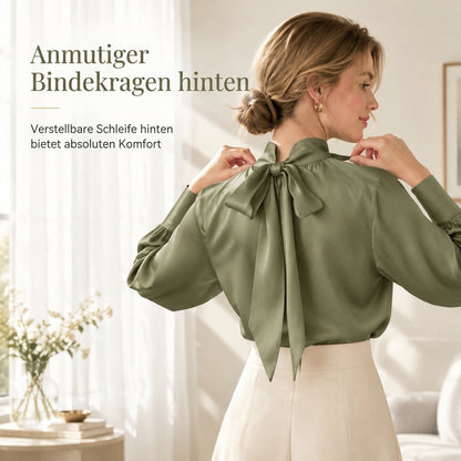 🛍️✨Glänzender Satin, elegante Eleganz – Damen Satin-Bluse mit hohem Kragen und Schleife ✨