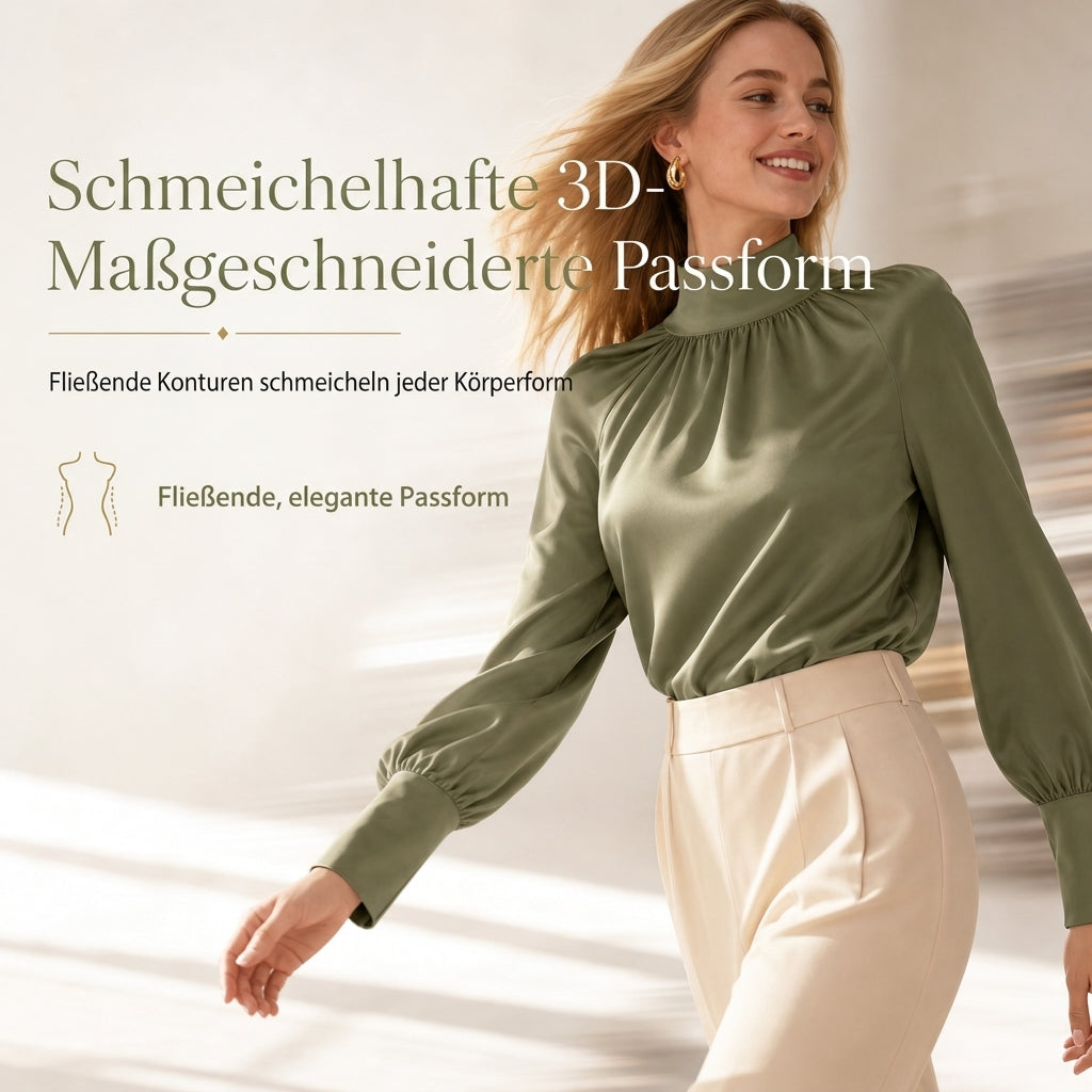 🛍️✨Glänzender Satin, elegante Eleganz – Damen Satin-Bluse mit hohem Kragen und Schleife ✨