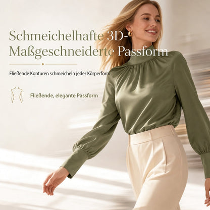🛍️✨Glänzender Satin, elegante Eleganz – Damen Satin-Bluse mit hohem Kragen und Schleife ✨