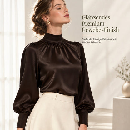 🛍️✨Glänzender Satin, elegante Eleganz – Damen Satin-Bluse mit hohem Kragen und Schleife ✨