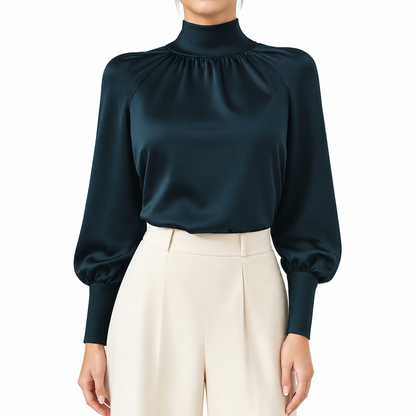 🛍️✨Glänzender Satin, elegante Eleganz – Damen Satin-Bluse mit hohem Kragen und Schleife ✨