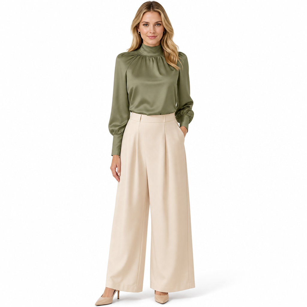 🛍️✨Glänzender Satin, elegante Eleganz – Damen Satin-Bluse mit hohem Kragen und Schleife ✨