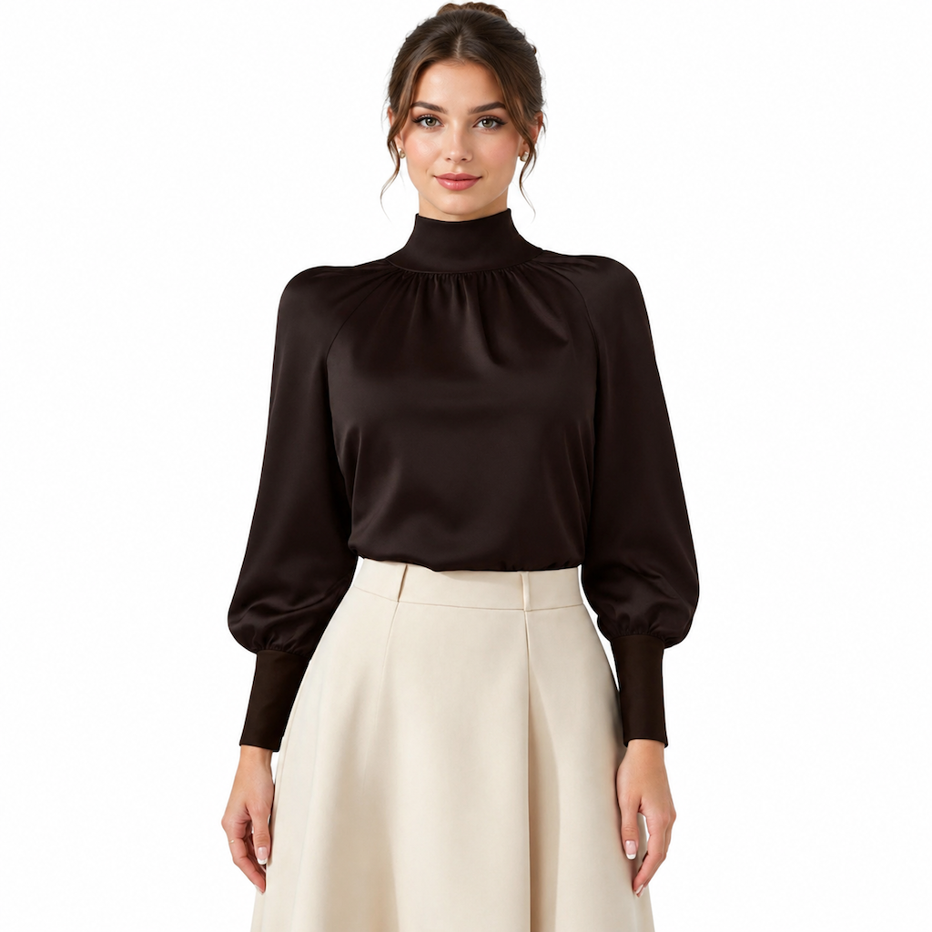 🛍️✨Glänzender Satin, elegante Eleganz – Damen Satin-Bluse mit hohem Kragen und Schleife ✨
