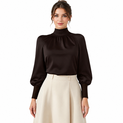 🛍️✨Glänzender Satin, elegante Eleganz – Damen Satin-Bluse mit hohem Kragen und Schleife ✨