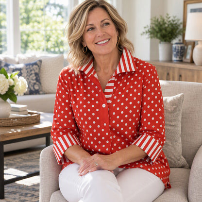 Lässig & vielseitig, ideal für den Alltag – Damen-Kariertes Polka-Dot-Hemd mit gestreiftem Kragen ✨