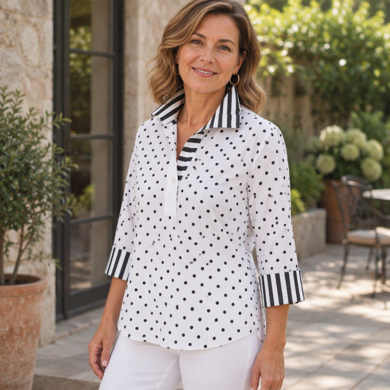 Lässig & vielseitig, ideal für den Alltag – Damen-Kariertes Polka-Dot-Hemd mit gestreiftem Kragen ✨