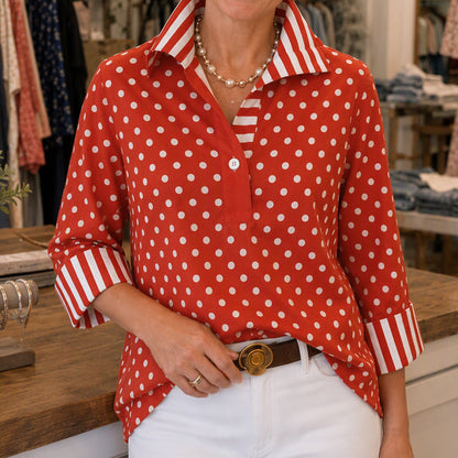 Lässig & vielseitig, ideal für den Alltag – Damen-Kariertes Polka-Dot-Hemd mit gestreiftem Kragen ✨