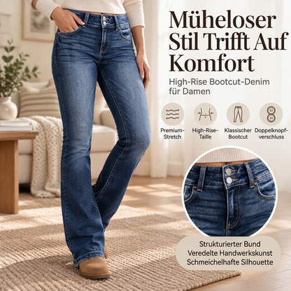 Damen Jeans mit zwei Knöpfen, hoher Taille und Bootcut-Bein