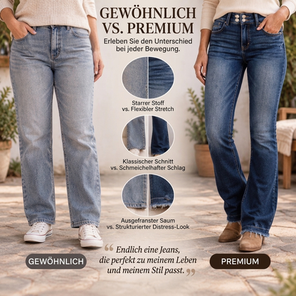 Damen Jeans mit zwei Knöpfen, hoher Taille und Bootcut-Bein
