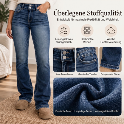 Damen Jeans mit zwei Knöpfen, hoher Taille und Bootcut-Bein