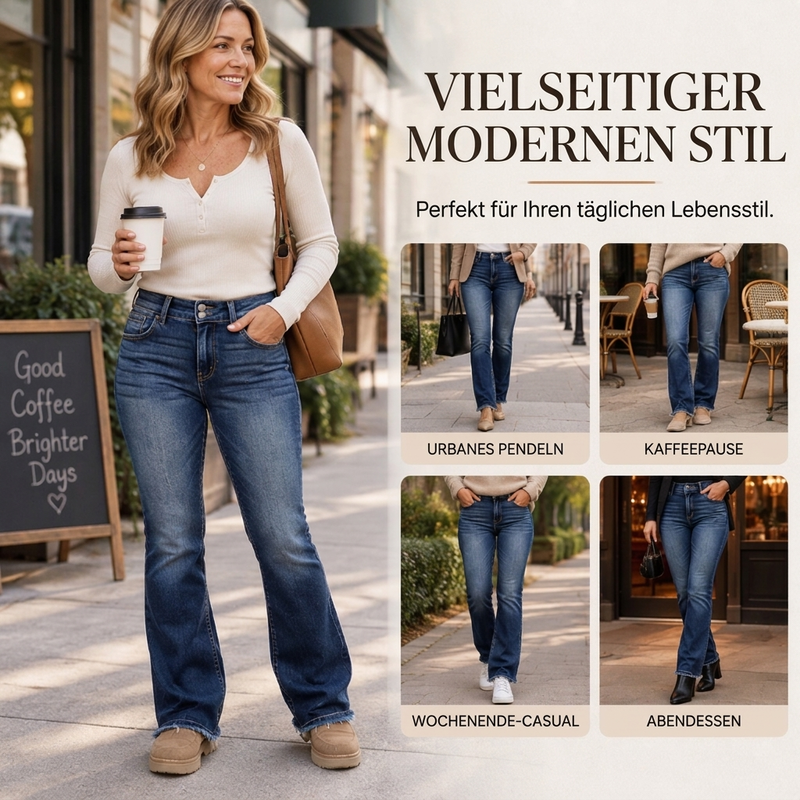 Damen Jeans mit zwei Knöpfen, hoher Taille und Bootcut-Bein